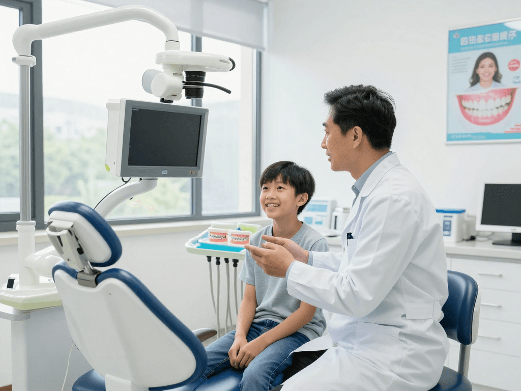 Ein Kieferorthopäde erklärt einem Patienten freundlich verschiedene Behandlungsmöglichkeiten in einer modernen Zahnarztpraxis.