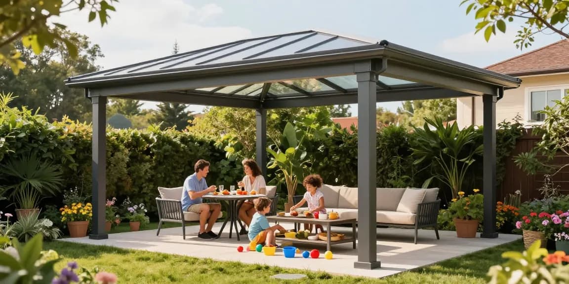 Moderne Terrassenüberdachungen bieten Schutz und Komfort für Familien im Garten.
