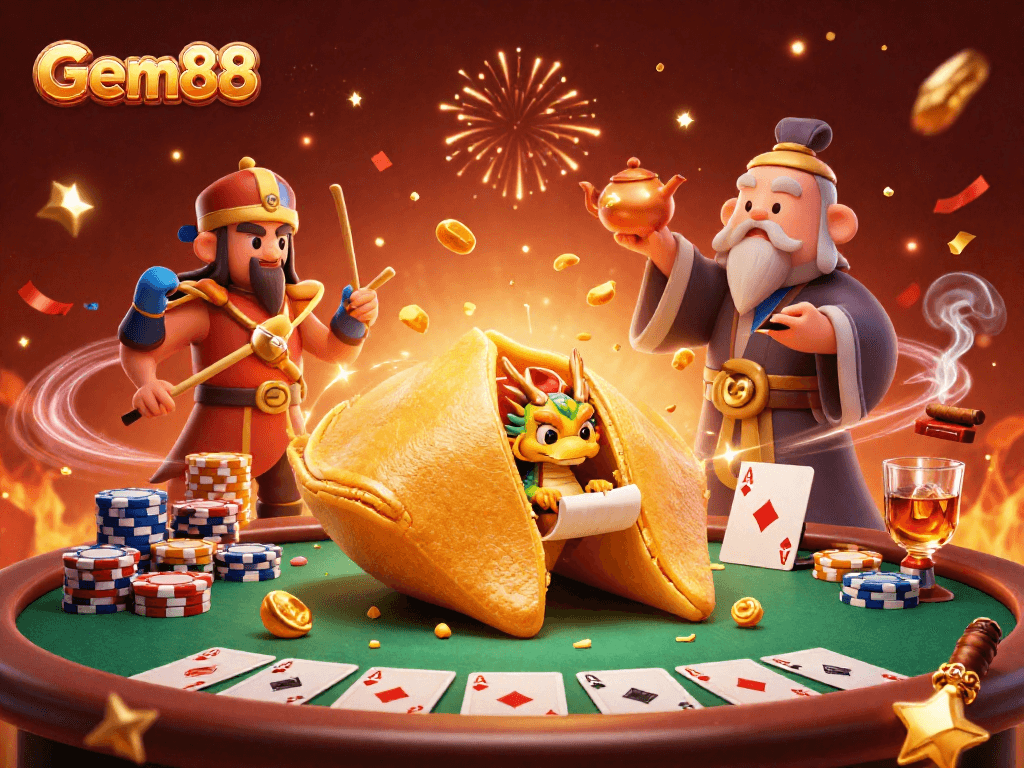 Engage with Gem88's dynamic poker scene showcasing a golden fortune cookie and wise dragon.