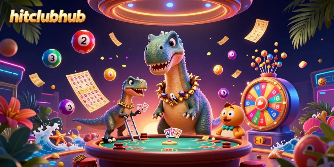 Hitclubhub's vibrant casino scene features dynamic lottery balls and a towering dinosaur.