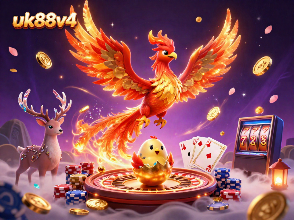 Experience the excitement at uk88v4 with a fiery phoenix and vibrant casino elements in a magical scene.