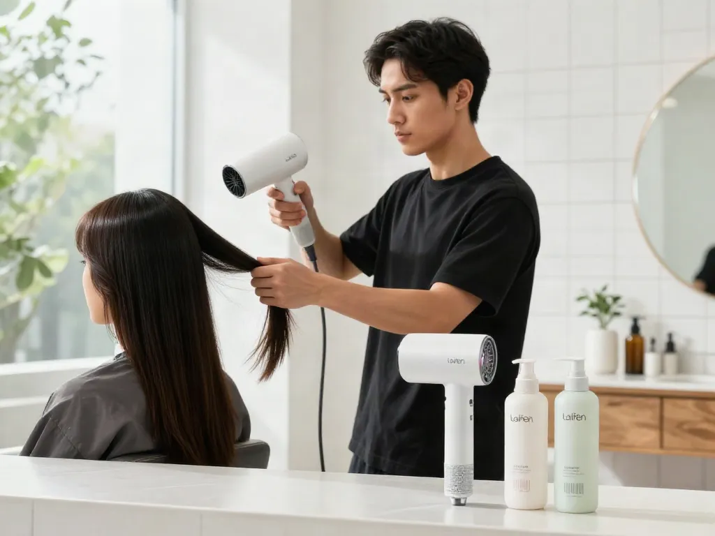 Föhn ohne Hitzeschäden wird von einem Friseur in einem modernen Badezimmer verwendet, um das Haar schonend zu trocknen.