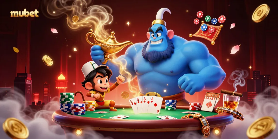 Engage in exciting gaming at Mubet, featuring rich scenes of a genie, poker elements, and magical atmosphere.