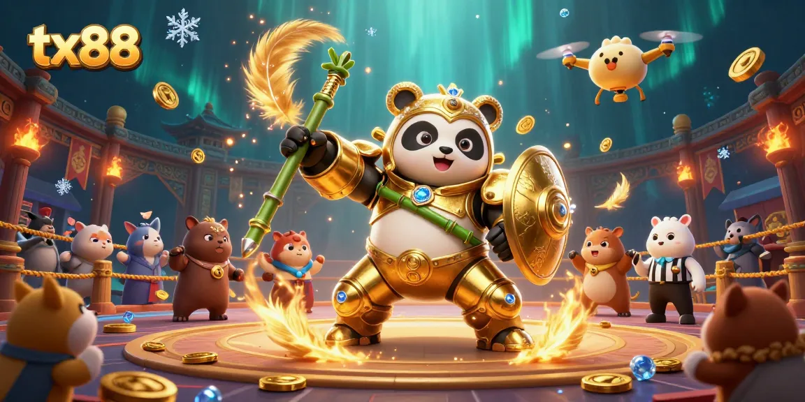 Experience thrilling gaming with tx88 as a golden panda battles in an exciting arena.