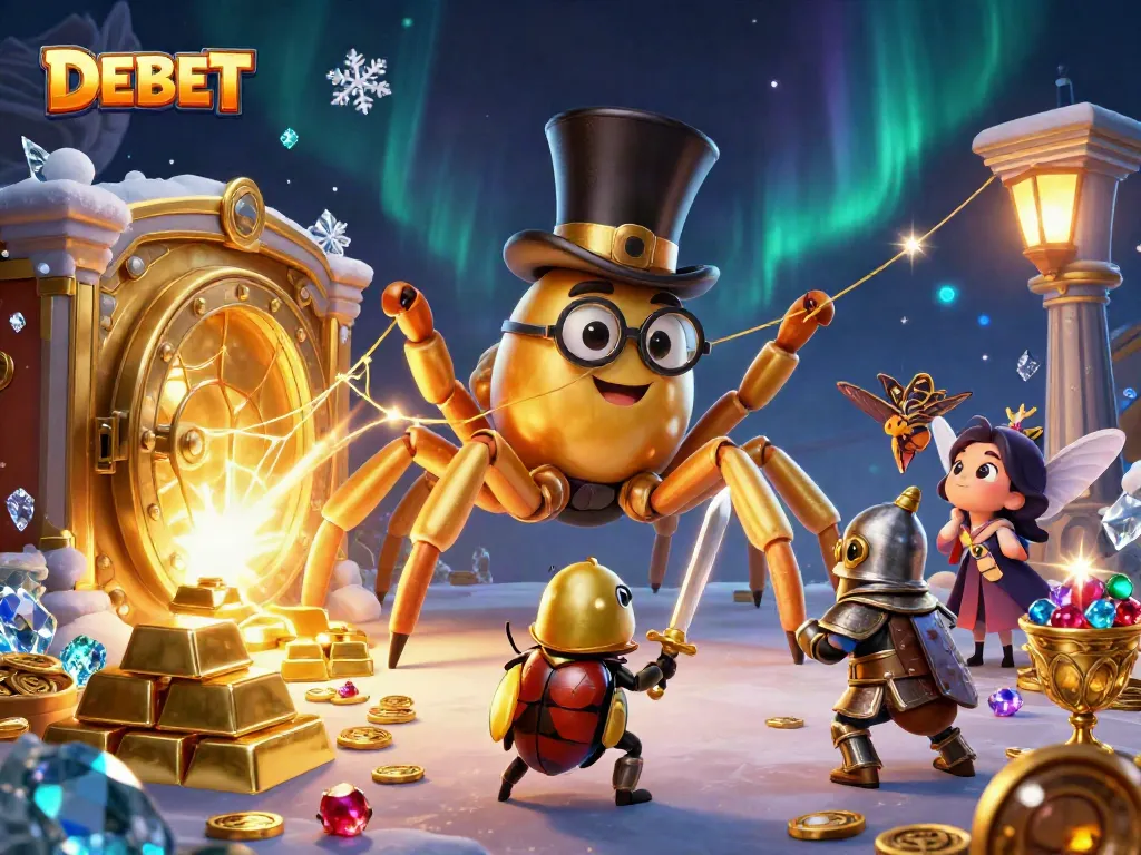 Engage with DEBET's thrilling golden tarantula weaving a golden web among casino treasures.