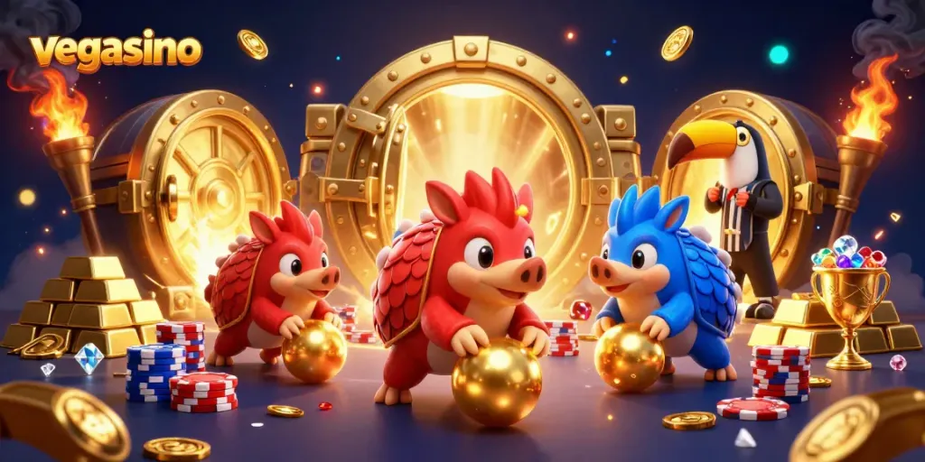 Experience the excitement of vegasino with exciting pangolins gaming amid treasures and confetti.