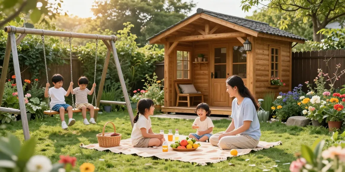 Familie genießt den Garten mit einem eleganten Gartenhaus im Hintergrund.