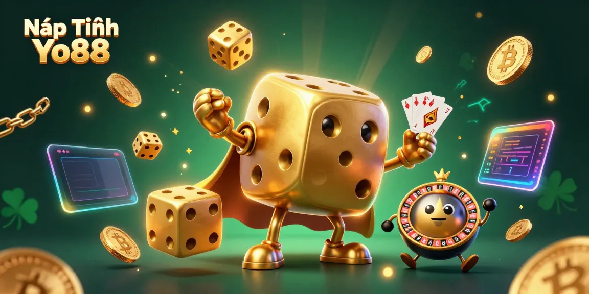 Engage in the dynamic scene of Nạp Tiền Yo88 featuring a golden dice golem and crypto elements.