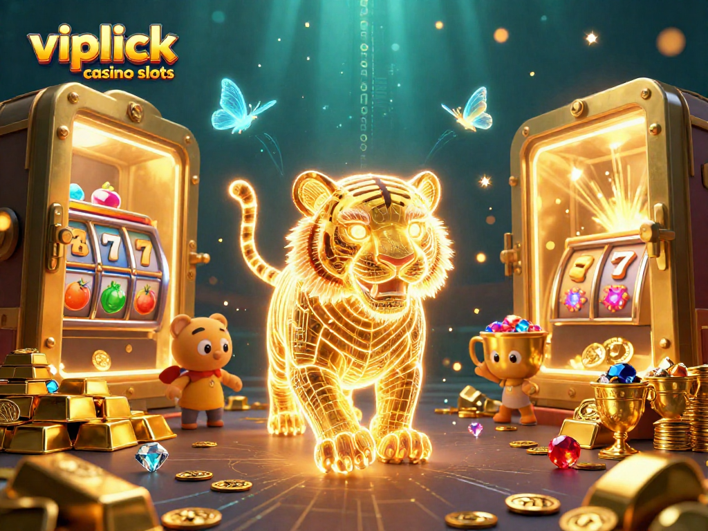 Erleben Sie die vipluck casino slots mit einem neon-goldenen Tiger in einem digitalen Casino voller Slotmaschinen und Schätzen.