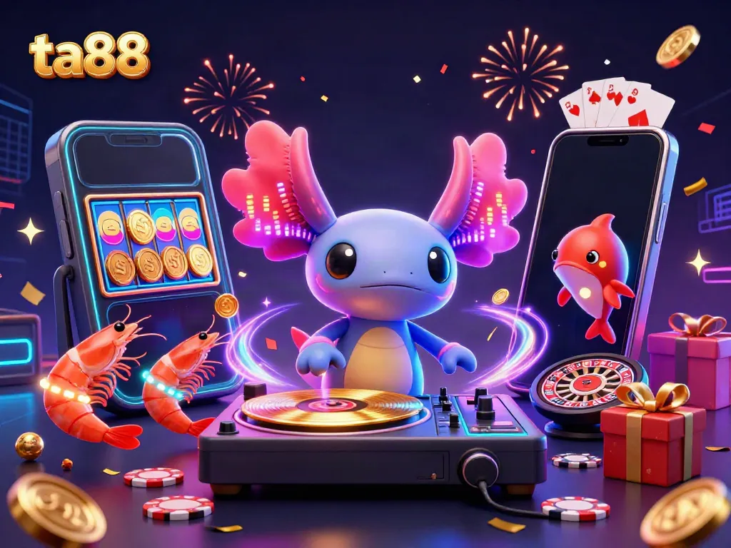 Join the ta88 party with a neon axolotl DJ, spinning thrilling slot games and joyous underwater friends!
