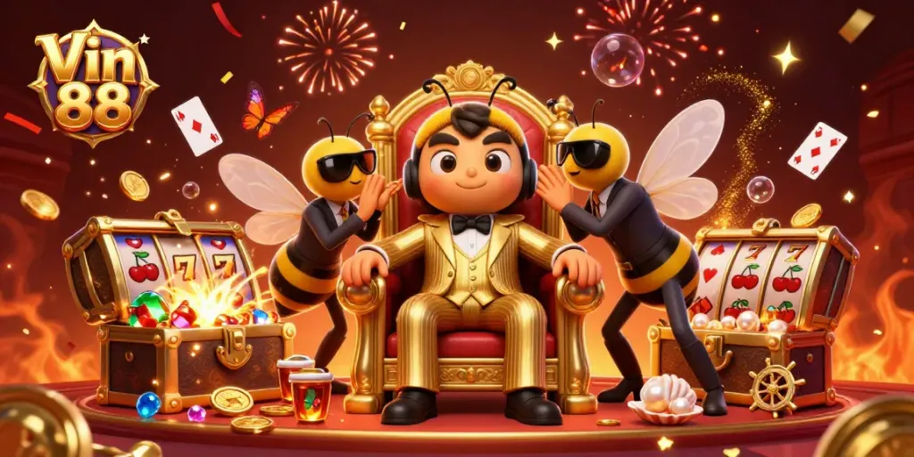 Engage in thrilling games at Vin 88, surrounded by an animated casino scene filled with treasures and lively characters.