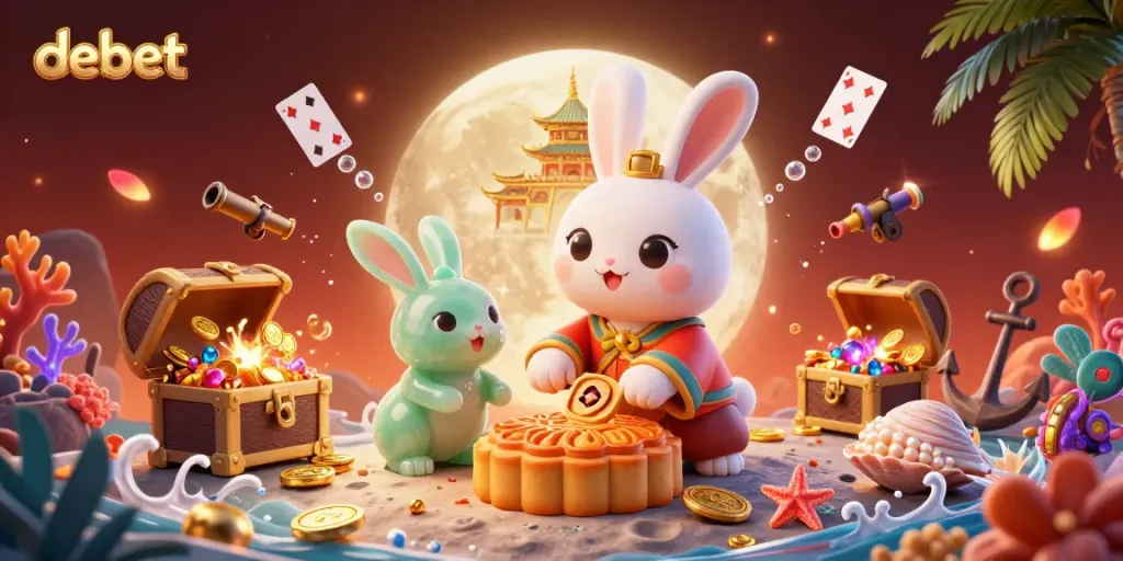Engaging illustration showcasing debet's vibrant rabbit character surrounded by gaming elements and a magical moonlit backdrop.