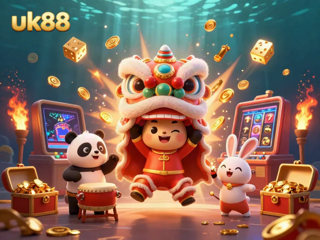 Experience thrilling entertainment with uk88's vibrant 3D casino scene featuring lively characters and dynamic game elements.