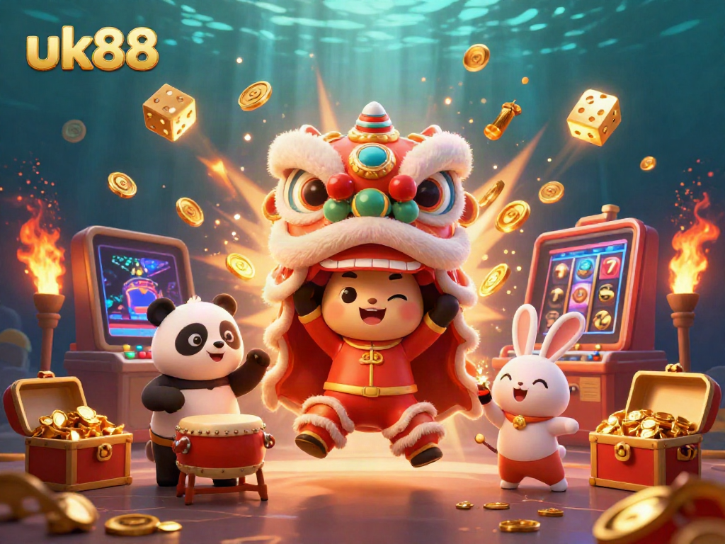 Experience thrilling entertainment with uk88's vibrant 3D casino scene featuring lively characters and dynamic game elements.