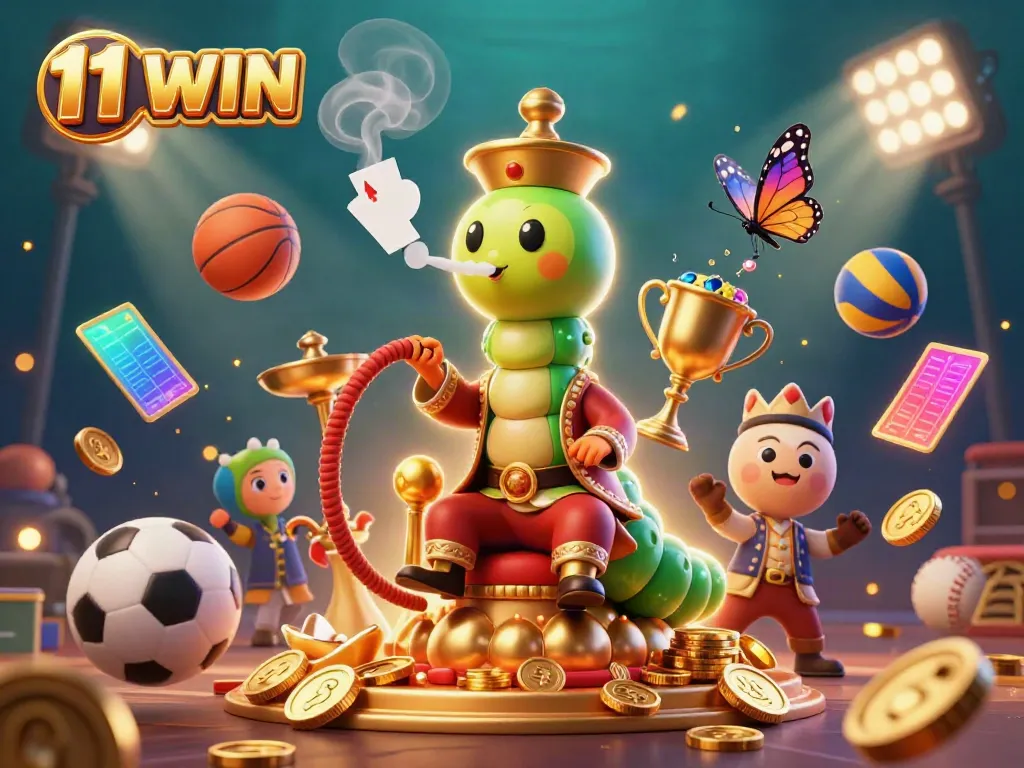 Experience the allure of 11 WIN gaming with vibrant casino elements and a whimsical character.