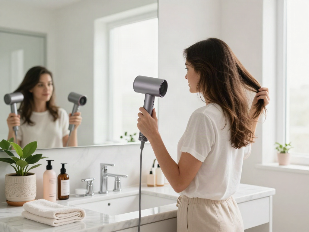 Frau nutzt einen Ionenföhn in einem modernen Badezimmer für das Haarstyling.
