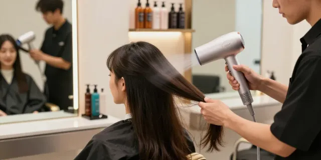 Die Verwendung des Laifen Air Pro Haartrockners in einem Schönheitssalon mit professionellem Stylisten und glücklichem Kunden.