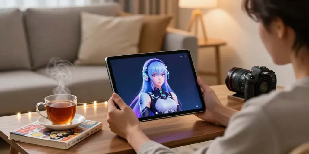 Immersive AI hentai chat scene showcasing user engaging with vibrant anime character on a tablet in cozy home.