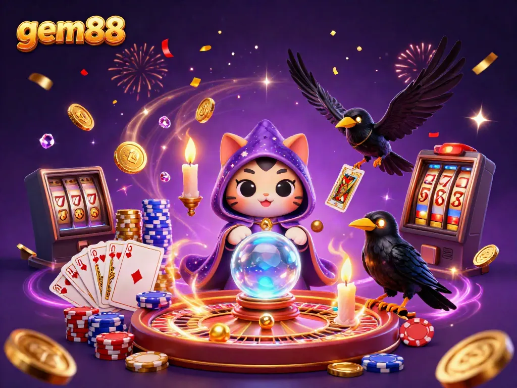 Experience thrilling gaming at gem88 with an enchanting scene of a fortune teller cat, mystic raven, and golden treasures.