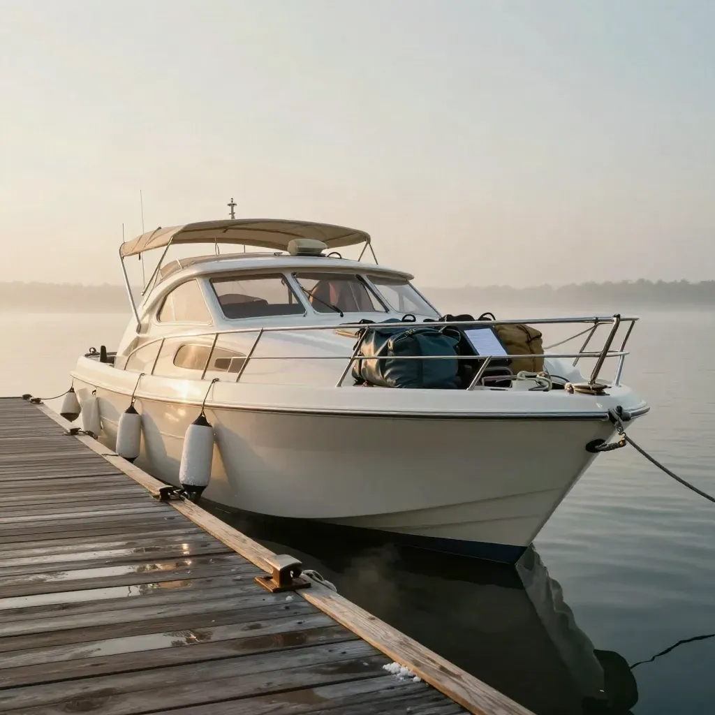 Weißes Motorboot am nassen Steg im Morgenlicht mit Leinen und Wasserdunst.