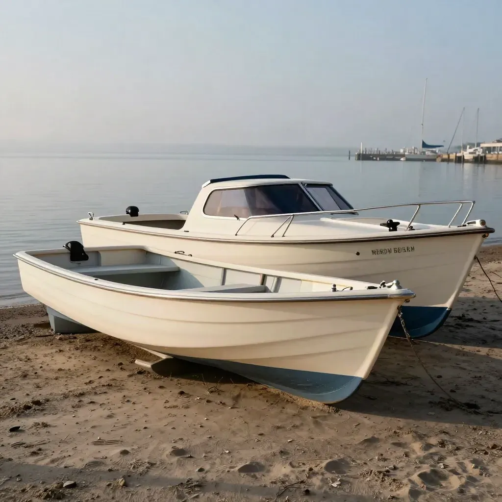 Zwei Boote am trockenen Ufer im Morgenlicht, nebeneinander zum Größenvergleich.