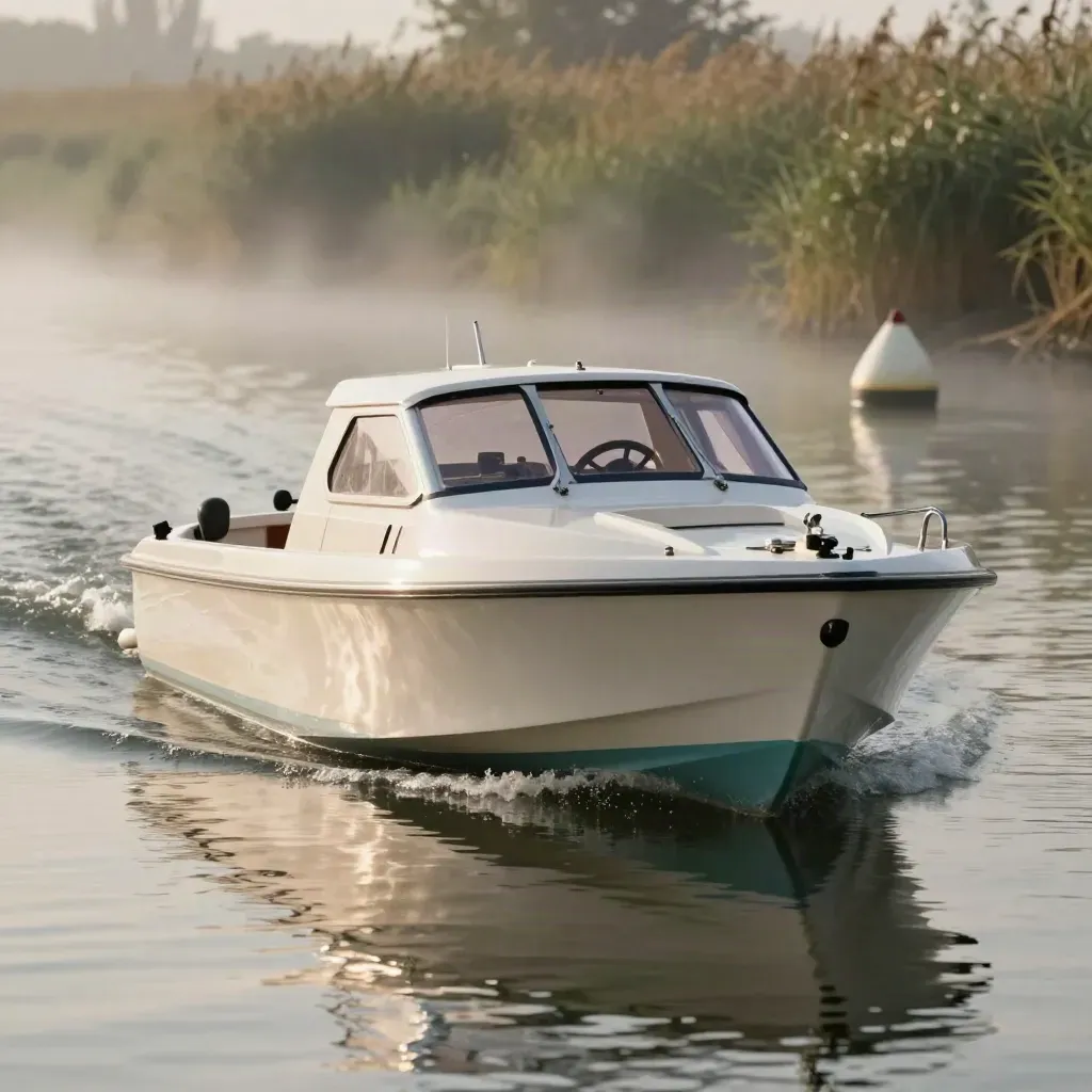 Kleines Trainings-Motorboot gleitet langsam durch einen nebligen Binnenkanal.