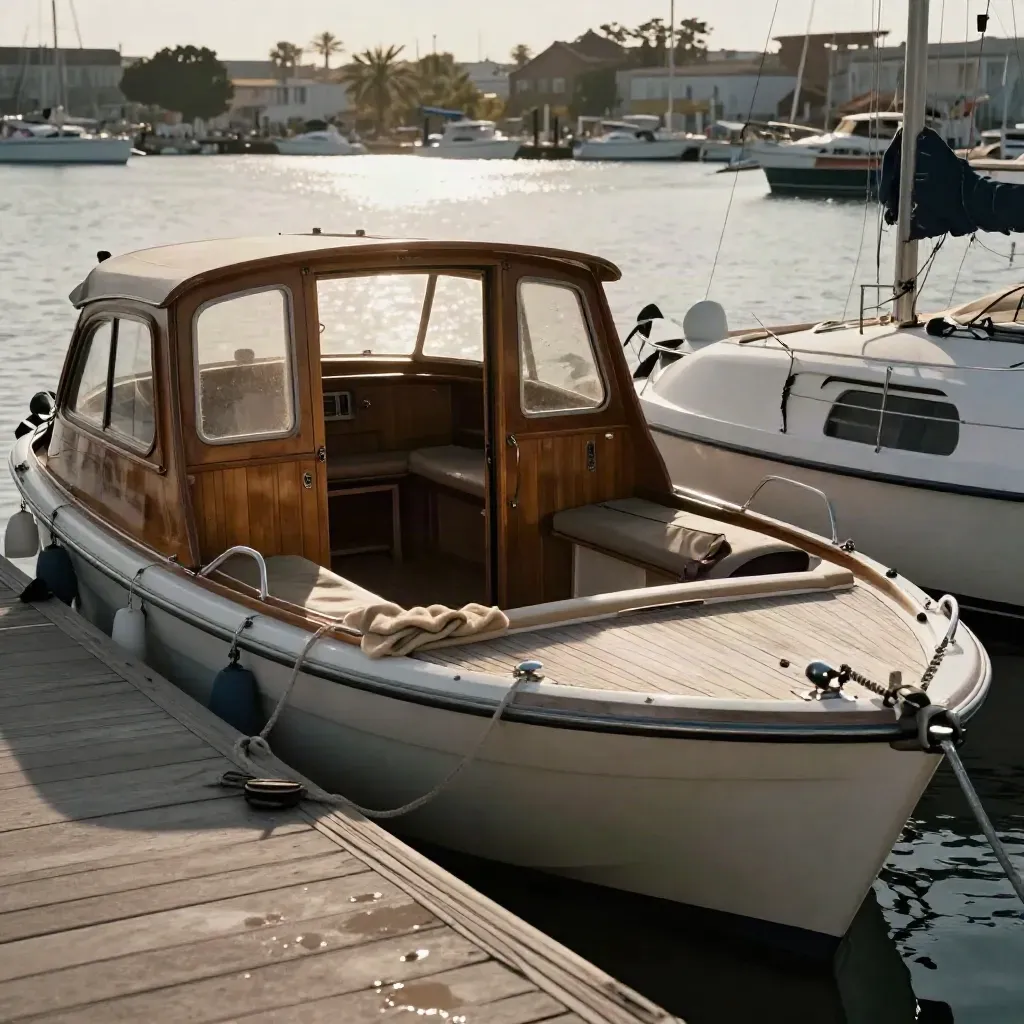 Kajütboot und Daycruiser am Steg im warmen Abendlicht, mit Decke und offenem Sitzbereich.