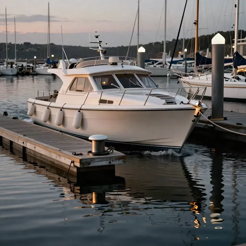 8-Meter-Boot im Fingersteg einer ruhigen Marina bei Dämmerung, mit Lichtsäule und Wasseranschluss.
