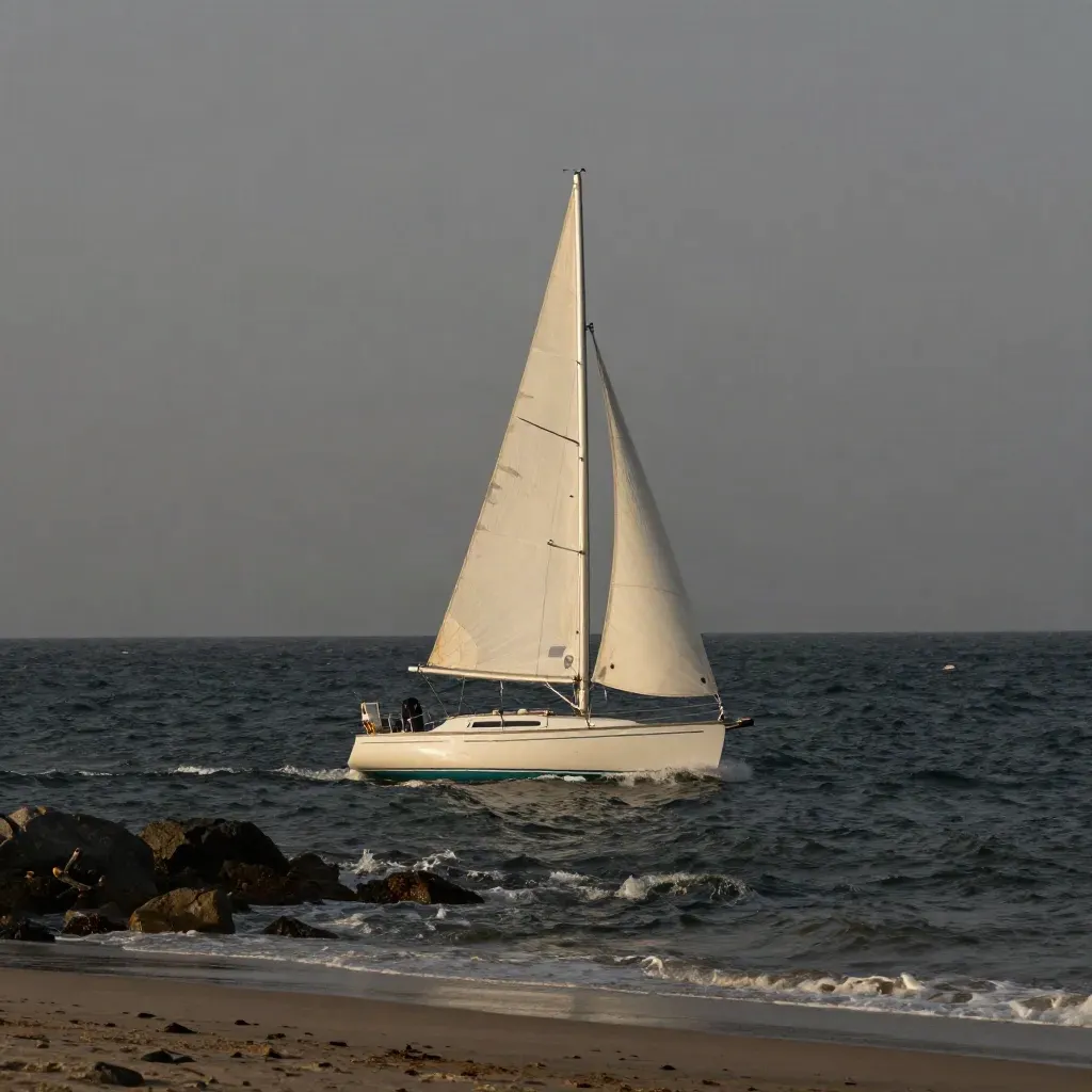 Kleines Segelboot auf bewegter See an der Küste, dramatisch und ruhig bei Wind.