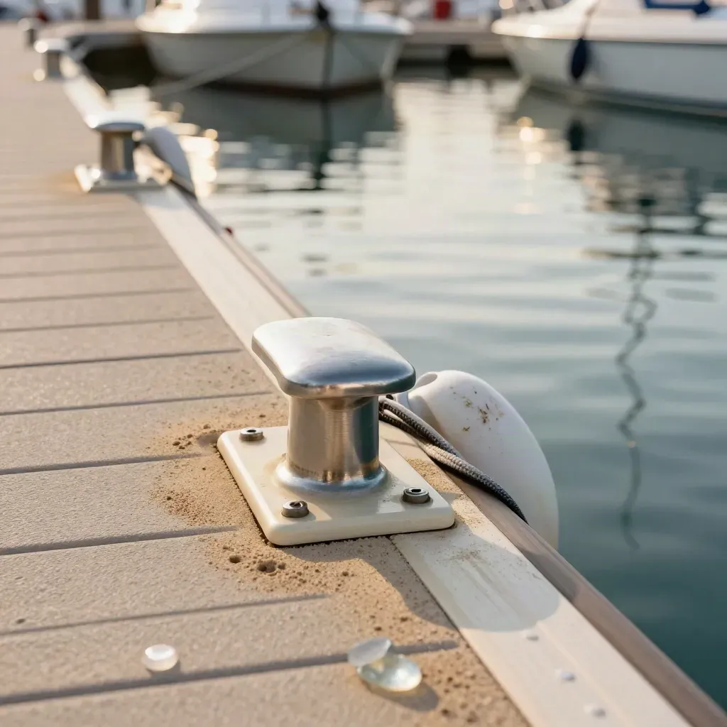 Makro eines Fingerstegs mit Fender, Stromsäule und ruhigem Wasser im Abendlicht.