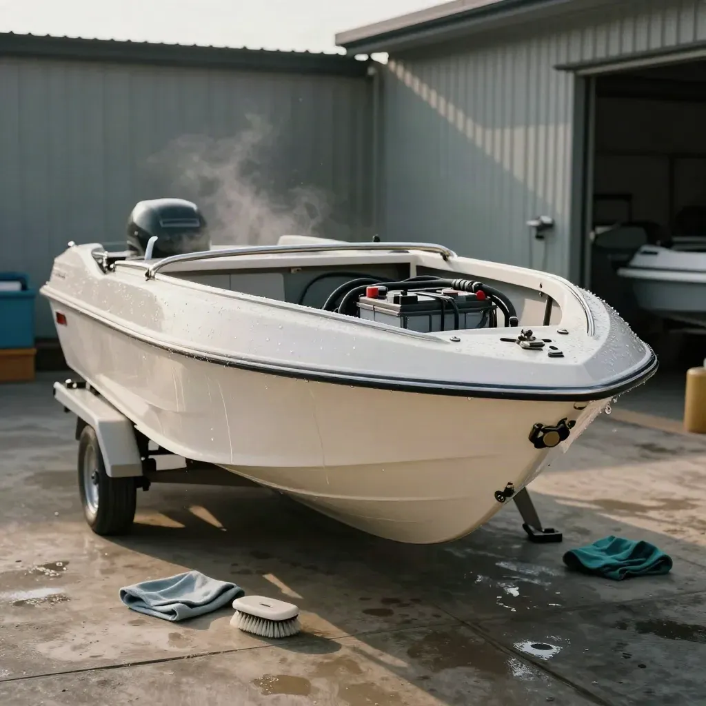 Motorboot auf dem Trailer beim Frühjahrsservice, nasser Rumpf, Akku offen, Bürste am Boden.