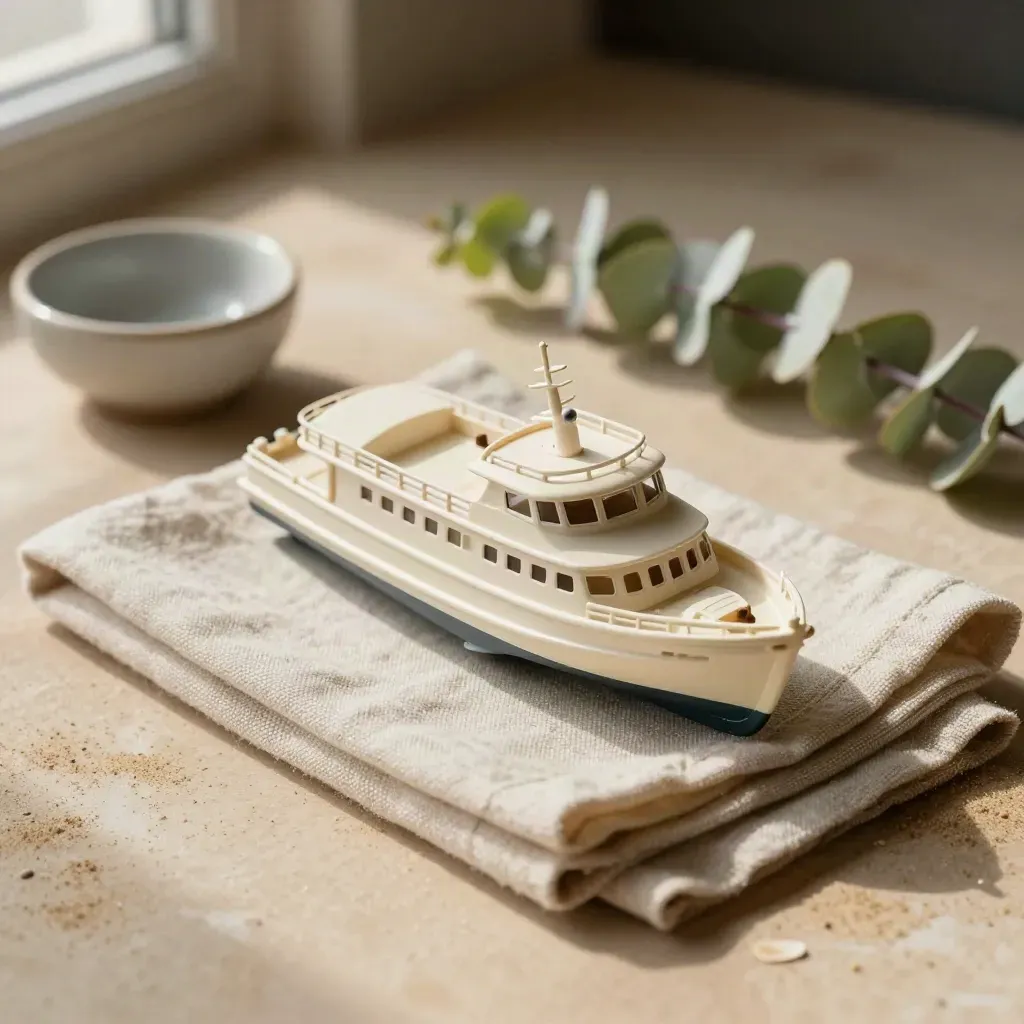 Miniatur-Cabin-Cruiser mit Leinenserviette, Keramikschälchen und Eukalyptus auf sandfarbenem Stein.