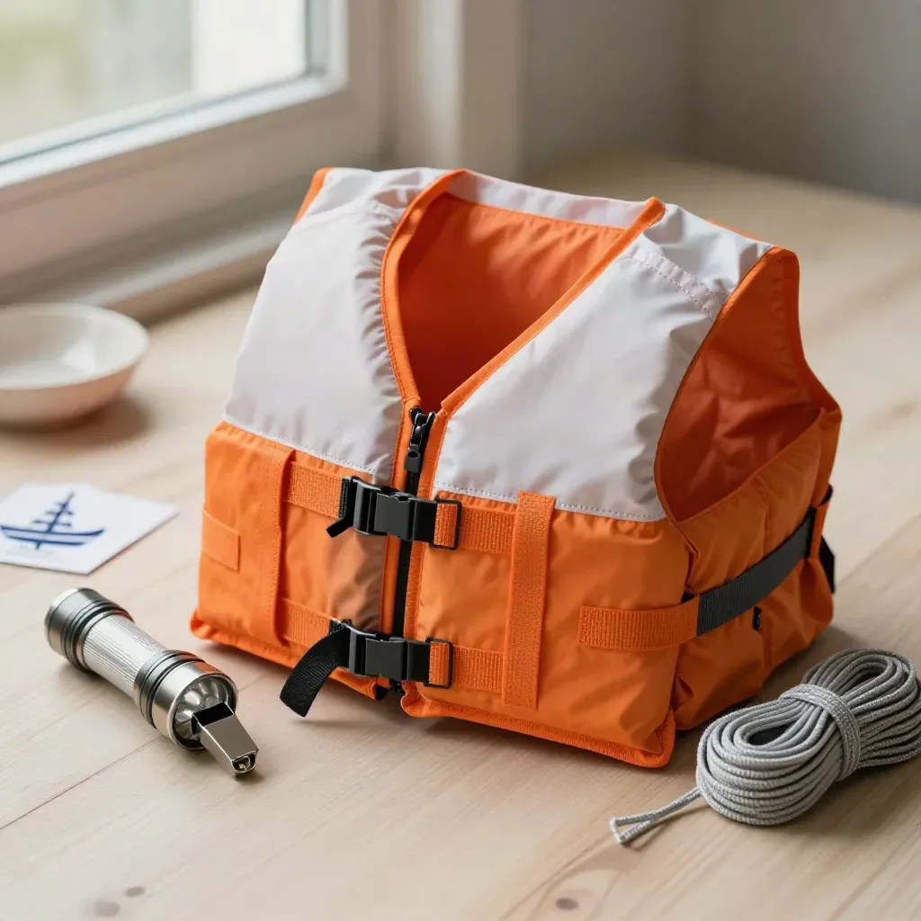 Gestapelte Rettungswesten, Taschenlampe, Signalpfeife und Wurfsleine auf hellem Holz.