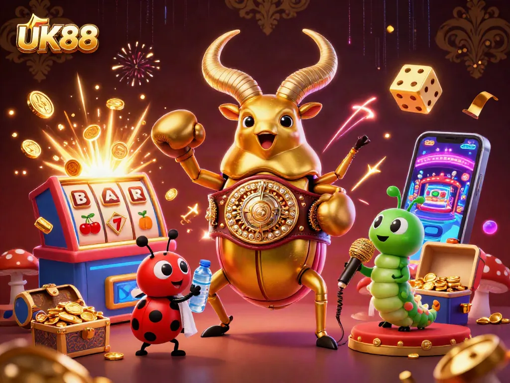 Engage with thrilling UK88 online casino action featuring a vibrant 3D scene of unique characters amidst dazzling game elements.