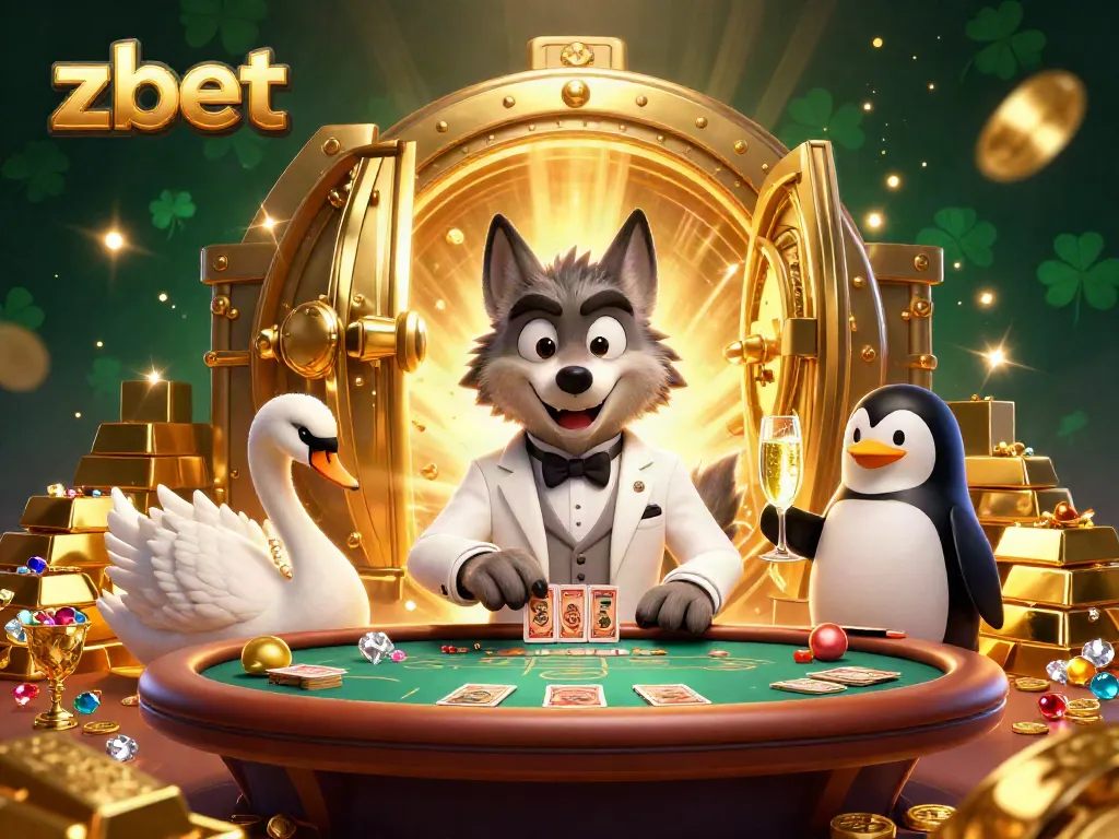 Engage with zbet's thrilling baccarat scene featuring a stylish wolf, elegant swan, and sophisticated penguin in a luxurious casino atmosphere.