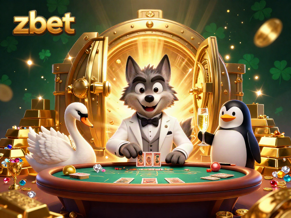 Engage with zbet's thrilling baccarat scene featuring a stylish wolf, elegant swan, and sophisticated penguin in a luxurious casino atmosphere.