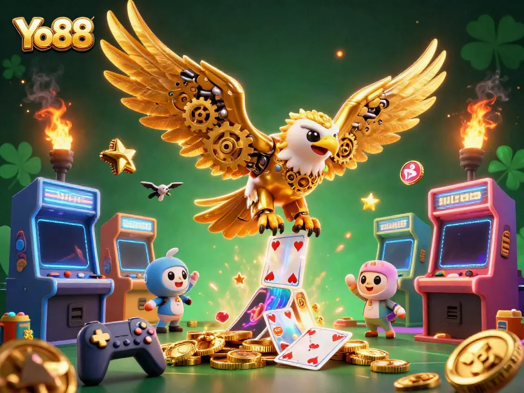 Experience the thrill of Yo88 with a cybernetic eagle soaring among colorful holographic cards in a vibrant casino.