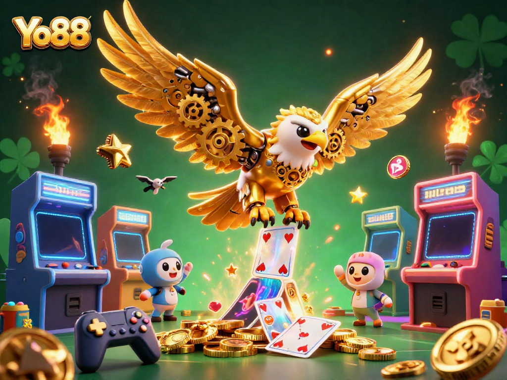 Experience the thrill of Yo88 with a cybernetic eagle soaring among colorful holographic cards in a vibrant casino.