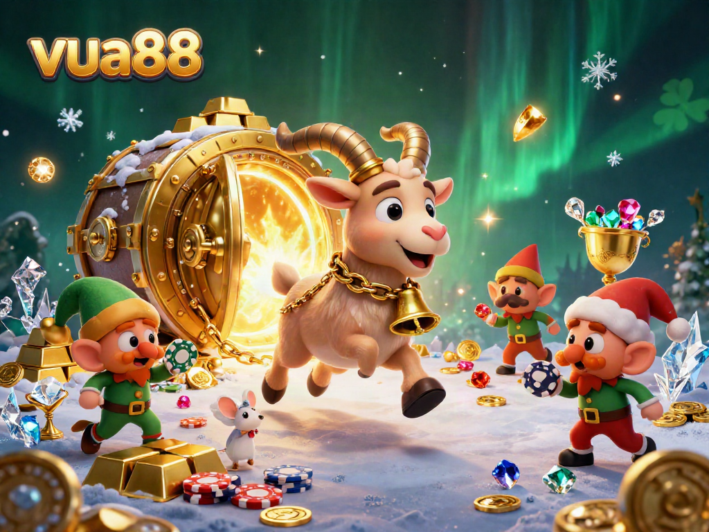 Experience emocionante gameplay with vua88 in a vibrant, festive casino scene filled with treasures.