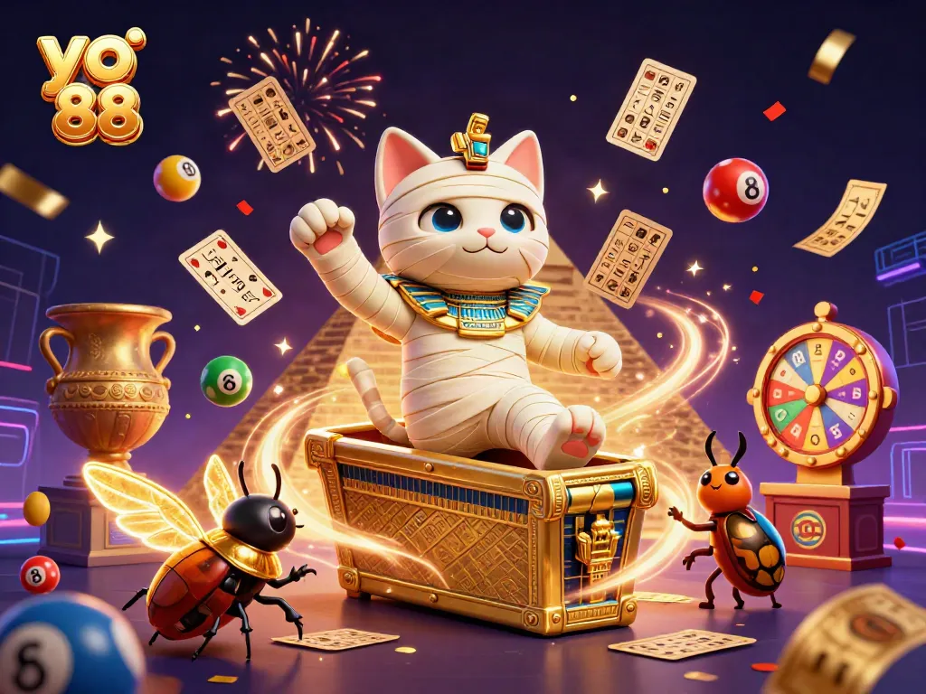 Experience exciting moments at yo 88 with vibrant lottery balls and golden mummies at a pyramid casino.