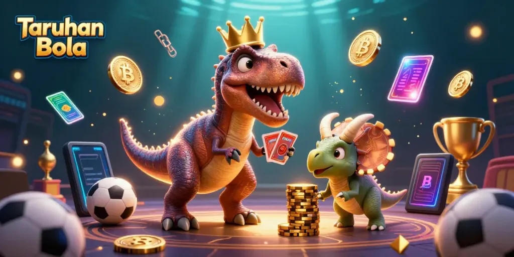 Engage in Taruhan Bola with a friendly T-Rex shuffling cards and teammates stacking chips.