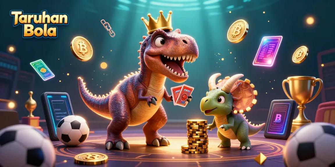 Engage in Taruhan Bola with a friendly T-Rex shuffling cards and teammates stacking chips.