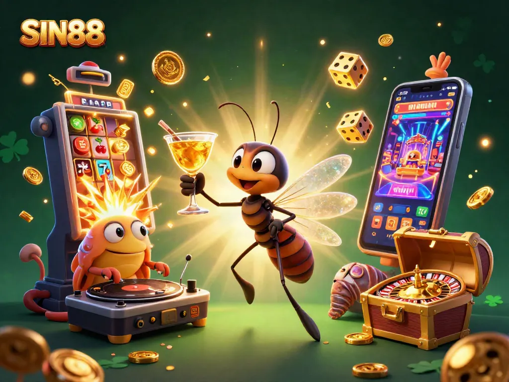 SIN88 casino mascot characterizing a vibrant gaming experience amidst exploding jackpot elements and golden treasures.
