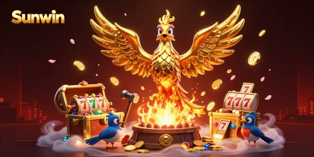 Experience the excitement of Sunwin with a dynamic 3D illustration showcasing a molten metal phoenix and vibrant casino elements.