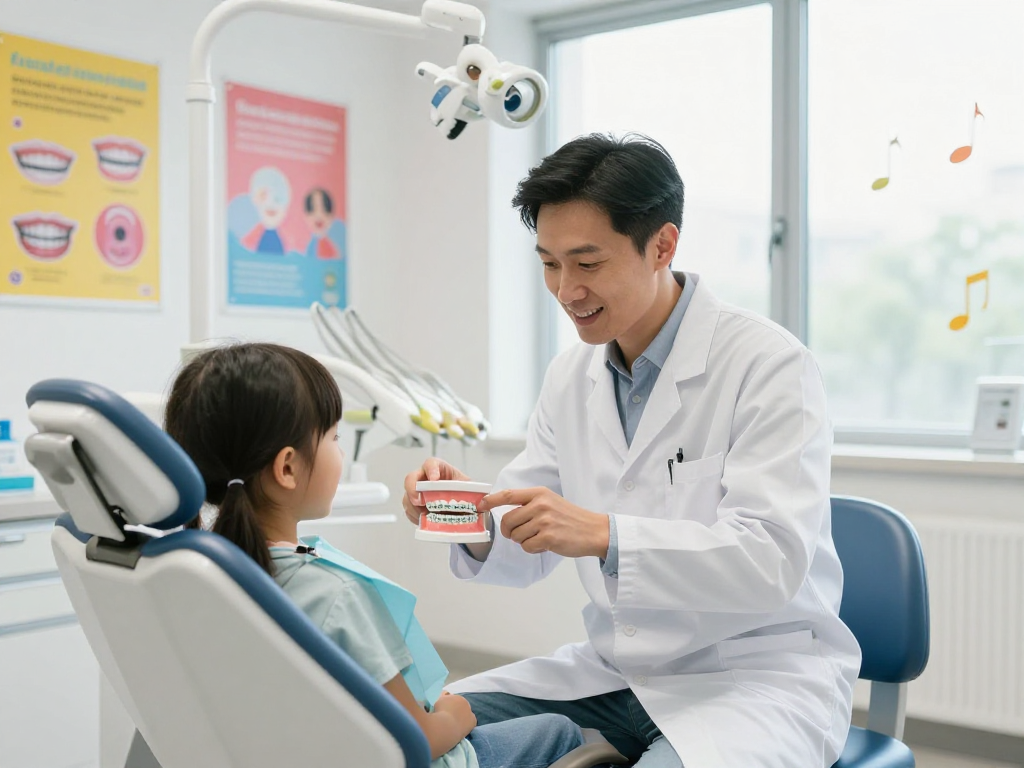 Engaging scene of Kieferorthopädie consultation with a child at a dental clinic.