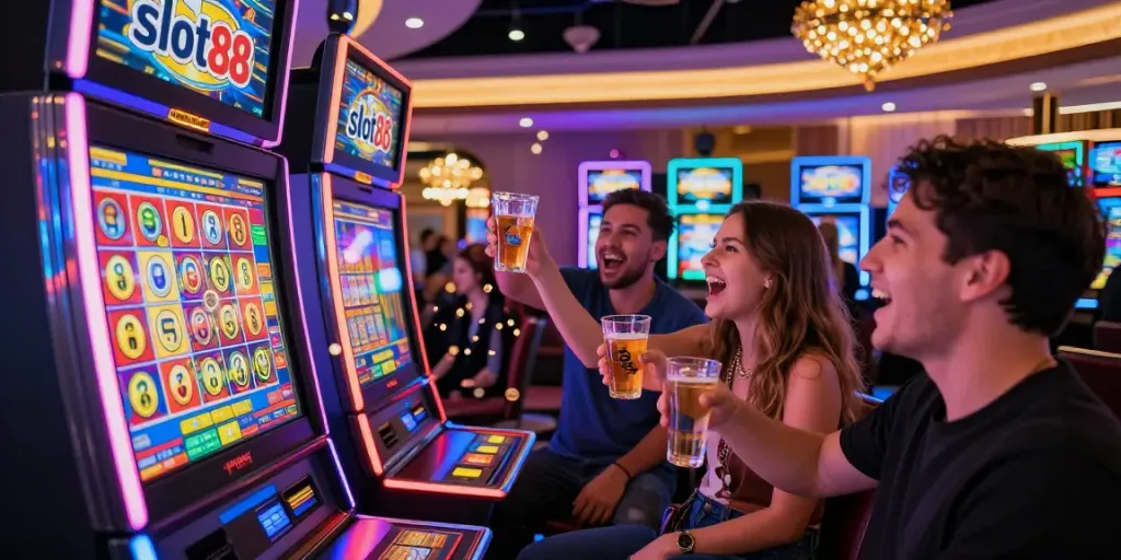 Players celebrating a big win at the slot88 machine in an exciting casino atmosphere