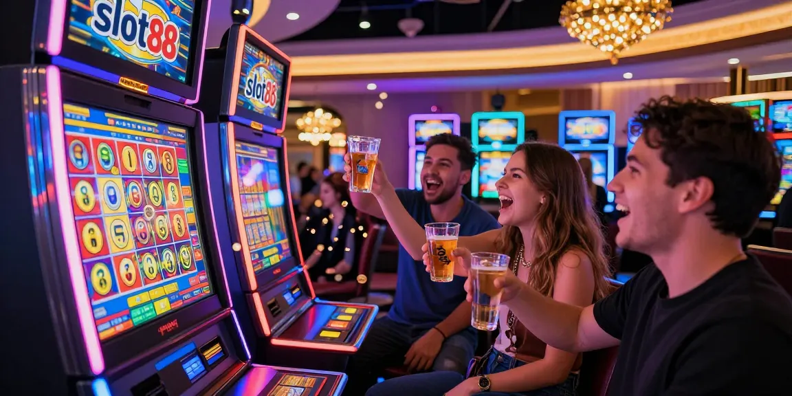 Players celebrating a big win at the slot88 machine in an exciting casino atmosphere