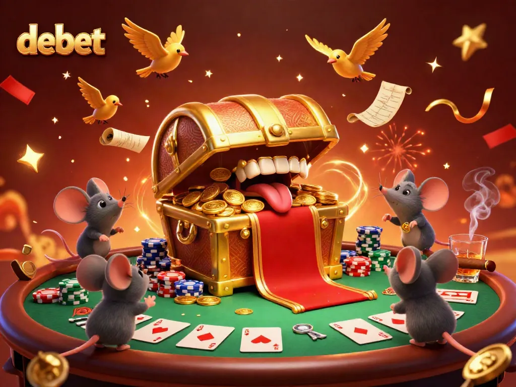 Experience the thrill of debet casino action with golden treasure chests and poker elements.