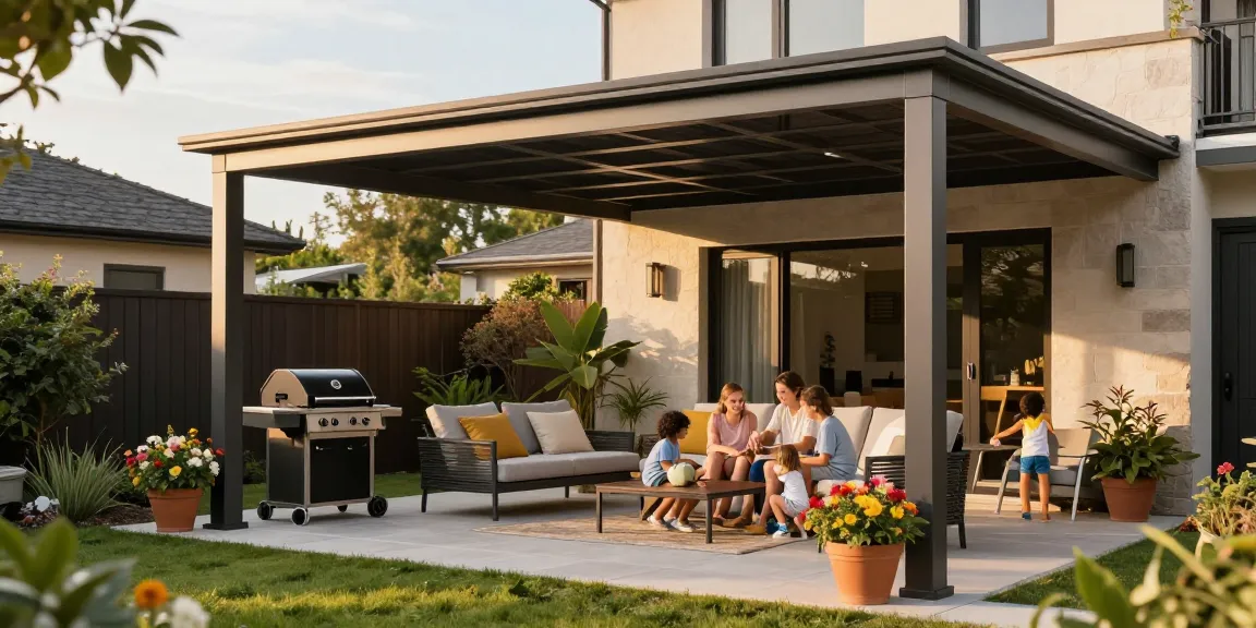 Moderne Terrassenüberdachung aus Aluminium in einem einladenden Garten mit entspannter Atmosphäre.