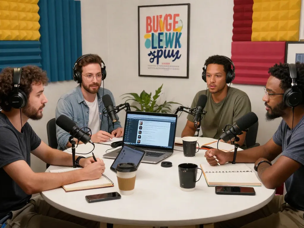 Engaging podcast recording about rokok88 login in a vibrant studio environment.